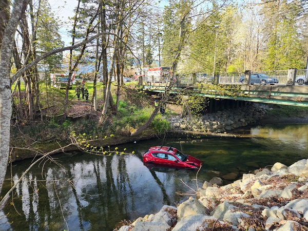 A red car sits in several feet of water in Roger Creek