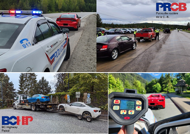    Trois photos de véhicules de police avec des berlines qui se sont rangées sur une autoroute. Une photo de deux berlines remorquées par une dépanneuse.