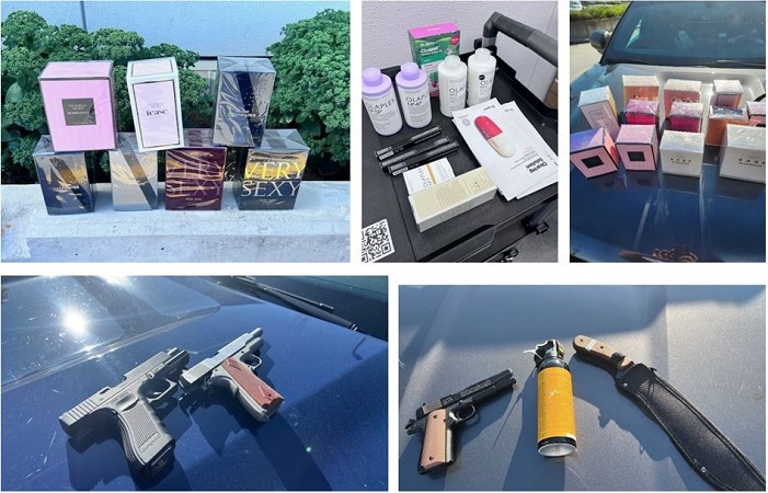 Photo consists of five images: First image is of seven small boxes of perume.  Second image is of personal cosmetics.  Third image is of twelve small boxes of perfume.  Fourth image is of two replica pistols.  Fifth image is of one replica pistol, a can of bear spray and one large hunting knife.
