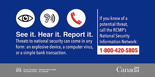 Graphic - See it. Hear it. Report it. Threats to national security can come in any form.