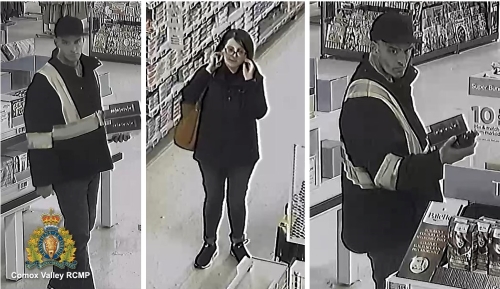 pictures of two suspects.  Man wearing a black baseball cap, heavy black jacket with reflective stripes. Woman wearing a dark coloured jacket and glasses with shoulder length dark coloured hair.