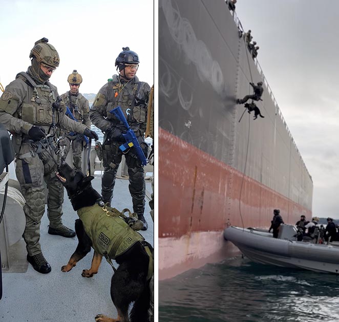 Deux images du chien policier Jedi en compagnie de membres du Groupe tactique d’intervention (GTI). Première image : Jedi en compagnie de trois membres du GTI en uniforme. Deuxième image : Jedi qui est hissé par des membres du GTI le long d’un grand navire.