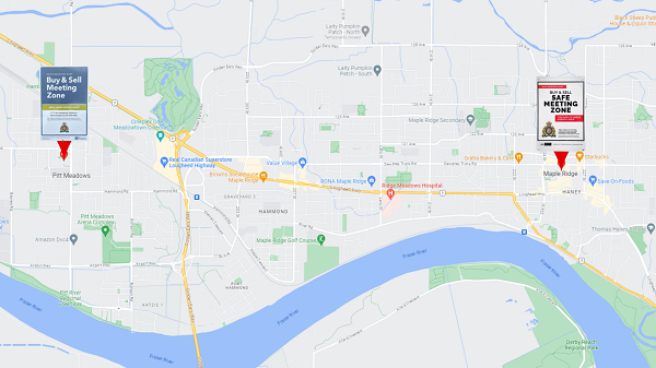 Map of Maple Ridge and Pitt Meadows showing where Buy and Sell Safe Zones are located