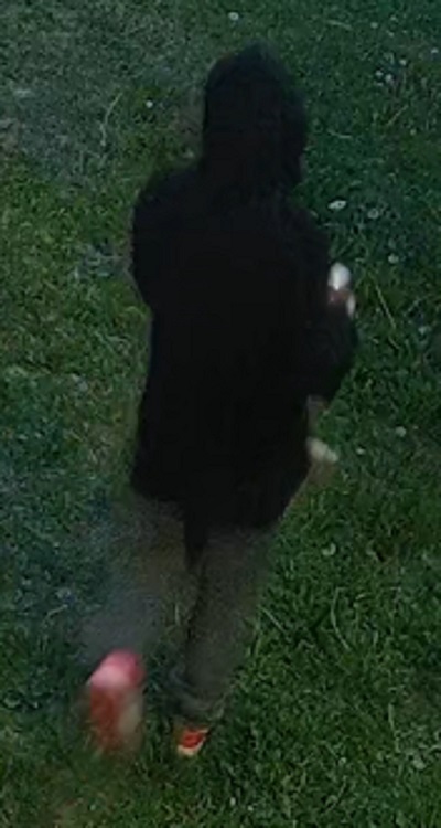 female youth suspect wearing a dark hoodie with Nike runners with red backs and soles