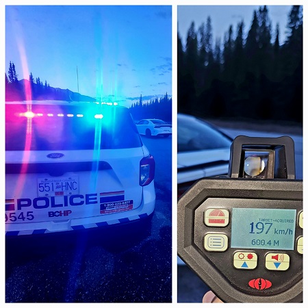 Photo of rear of police vehicle with emergency lights on and white car in the distance beside a photo of a laser speed detection device displaying a speed of 197 km/h at 600.4m.