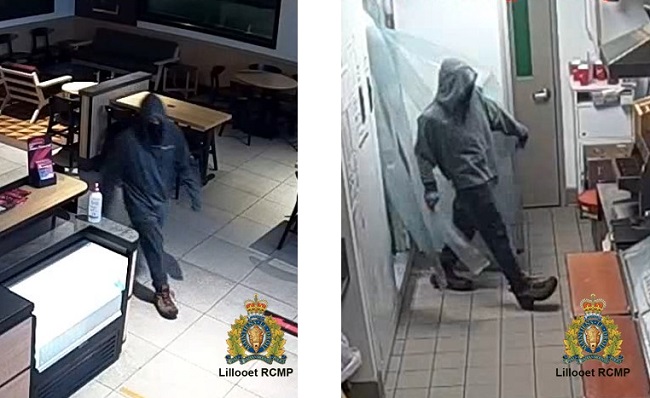 2 images of suspect captured on security cameras walking inside of the business.