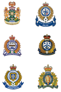 Police crests for Abbotsford, New Westminster, Port Moody, West Vancouver, Metro Vancouver Transit Police and RCMP.